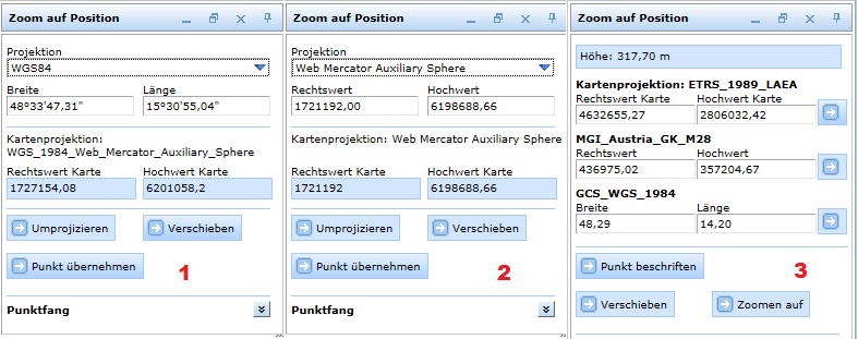 Unterschiedliche Werkzeugformulare im WebOffice html Client abhängig vom Typ des Koordinatensystems - geographisches (1) und projiziertes (2) Koordinatensystem - sowie Konfiguration "Alle Projektionen" (3)