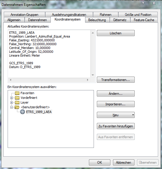 Reiter Koordinatensystem in den Datenrahmen-Eigenschaften