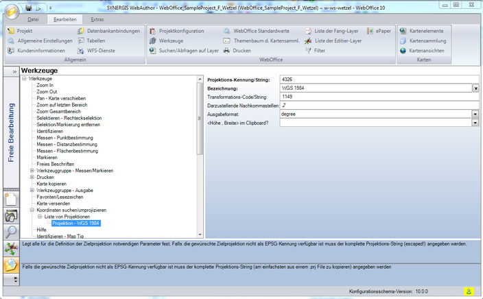 Koordinaten Suchen/Umprojezieren Werkzeug und dessen Konfiguration bei einer spezifischen Projektion und Transformation