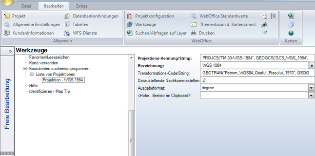 Koordinaten Suchen/Umprojezieren Werkzeug und dessen Konfiguration bei einer spezifischen Projektion und Transformation