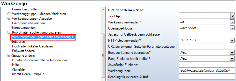 Webintegration – Konfiguration ‘Generisches Werkzeug’