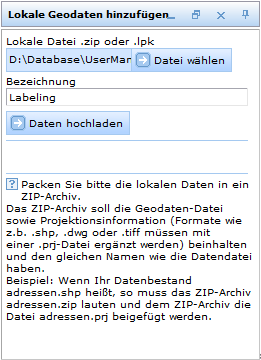 Formular zum Hochladen lokaler Geodaten - WebOffice 10 R3 Client