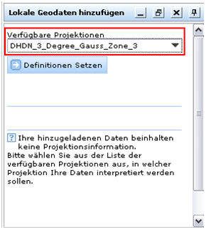 Wählen des Projektionssystems für lokale Geodaten, die hochgeladen werden Wählen des Projektionssystems für lokale Geodaten, die hochgeladen werden