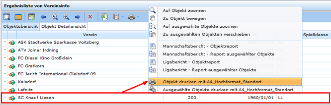 Druck eines einzelnen Objektes aus dem Suchergebnis über das Kontextmenü