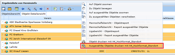 Druck von selektierten Objekten aus dem Suchergebnis mit einer Druckvorlage über das Kontextmenü