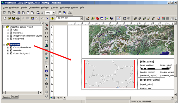 Datenrahmen ‚overview‘ in der ArcMap Layout-Ansicht – Datenrahmengröße kann angepasst werden