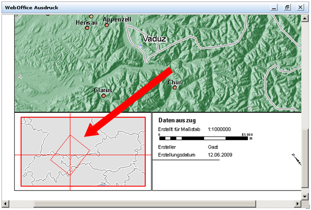 Overview in der WebOffice 10 R3 Druckausgabe – Anzeige des gedrehten Kartenausschnitts