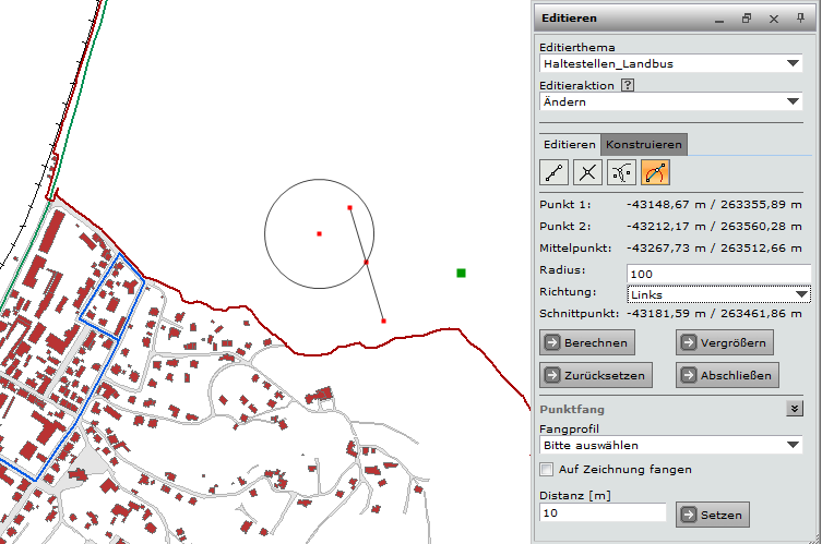 Konstruktionswerkzeug über Schnittpunkt zwischne Linie und Kreis