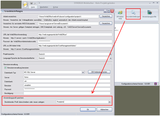 Dialog Grundeinstellungen im WebOffice author – spezifiziert die Anwendungsprofile Dialog Grundeinstellungen im WebOffice author – spezifiziert die Anwendungsprofile