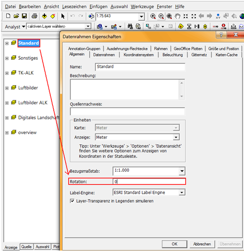 Konfiguration der gedrehte Datenrahmen in ArcMap Konfiguration der gedrehte Datenrahmen in ArcMap
