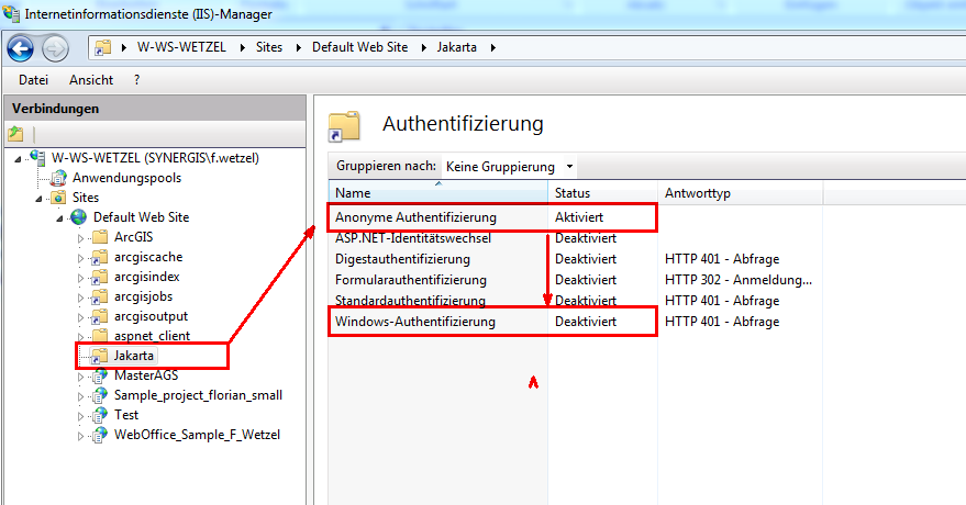 Authentifizierung des Jakarta Verzeichnisses im MS IIS Manager Authentifizierung des Jakarta Verzeichnisses im MS IIS Manager