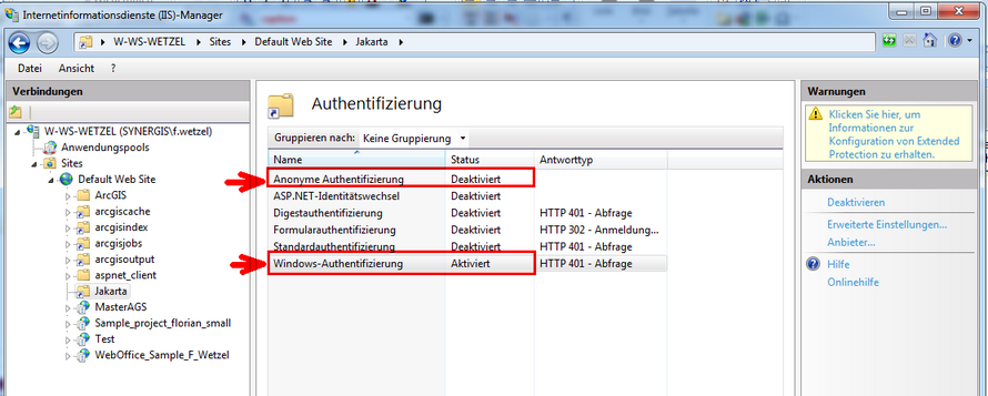 IIS Authentifizierungseinstellungen im Jakarta Verzeichnis IIS Authentifizierungseinstellungen im Jakarta Verzeichnis