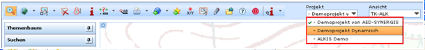 Wechsel vom ‚Demoprojekt von AED-SYNERGIS ' zum Demoprojekt 'Demoprojekt Dynamisch' oder zum Projekt 'ALKIS Demo'&nbsp;