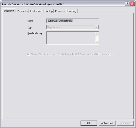 ArcGIS Server Karten-Service-Eigenschaften Dialog mit seinen 6 Reitern