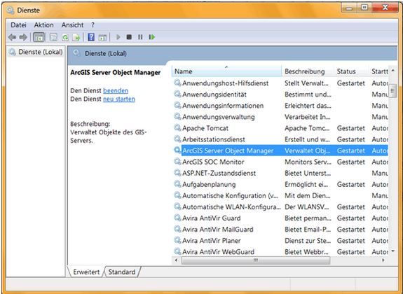 ArcGIS Server Object Manager – ‚Neu starten‘ ArcGIS Server Object Manager – ‚Neu starten‘