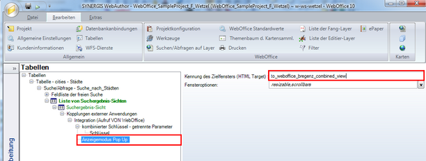 ‚Anzeigemodus Pop Up‘ – Konfiguration von ‚Kennung des Zielfensters (HTML Target)‘ ‚Anzeigemodus Pop Up‘ – Konfiguration von ‚Kennung des Zielfensters (HTML Target)‘