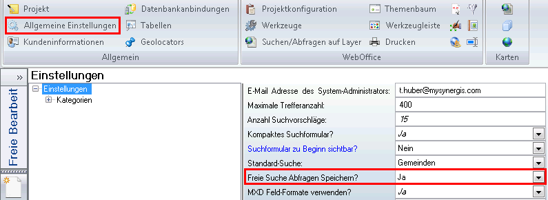 Allgemeine Einstellungen – ‚Freie Suche Abfragen Speichern?‘