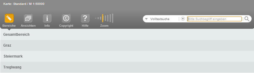 Obere Werkzeugleiste im WebOffice mobile client (großes Display) mit Liste von Bereichen (Geo-Bookmarks)