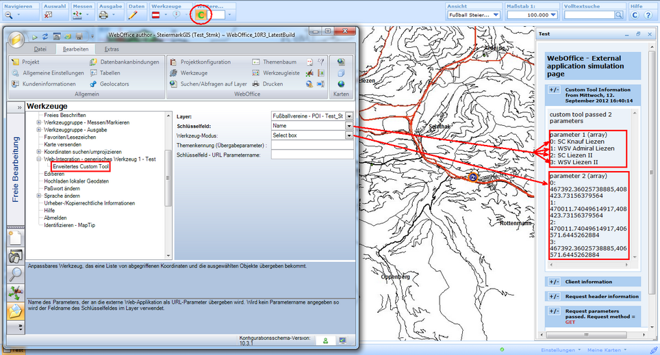 Konfiguration eines generischen Werkzeuges mit einem erweiterten Custom Tool, welches 2 Parameter über eine Auswahlbox übergibt (Parameter 1: Name der selektierten Objekte, Parameter 2: Koordinaten der Auswahlbox)