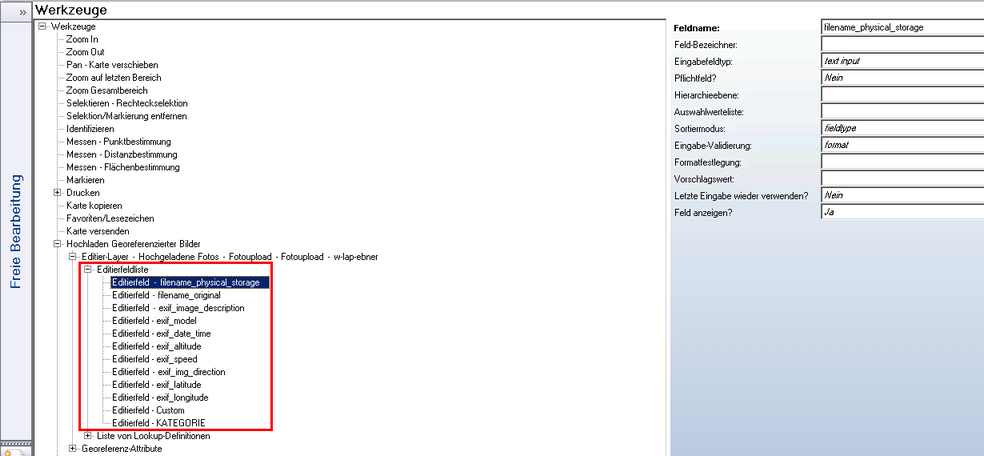 Editierfeldliste beim Werkzeug Hochladen georferenzierter Bilder Editierfeldliste beim Werkzeug Hochladen georferenzierter Bilder