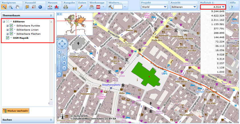 Drei Editierlayer kombiniert mit einem OSM-Dienst - Der OSM-Dienst wird in allen Maßstäben, die mit seinem LOD-Level konform sind, angezeigt.