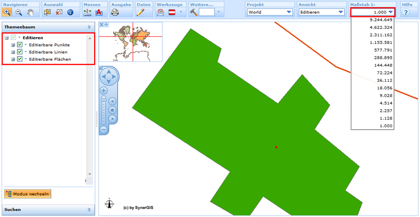 Drei Editierlayer - Aufgrund des Maßstabs 1:1.000 (außerhalb der LOD-Level des OSM-Dienstes) wird der OSM-Dienst nicht angezeigt.