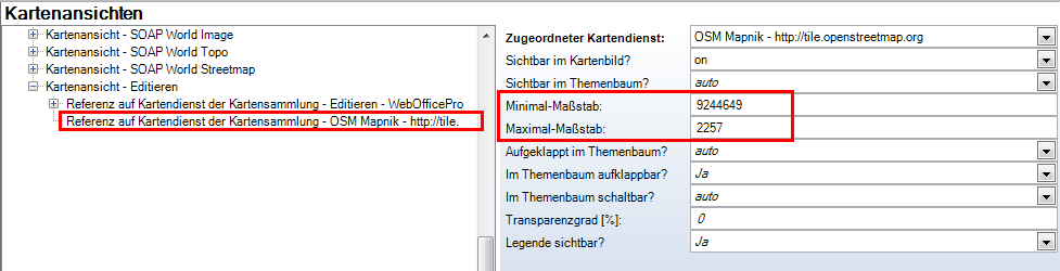 Maßstabsbereich für den gecachten OSM-Dienst
