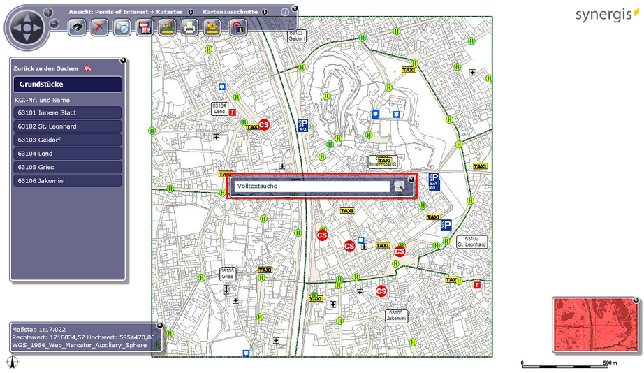 Volltextsuche im WebOffice flex Client - zu Beginn in der Mitte der Karte sichtbar