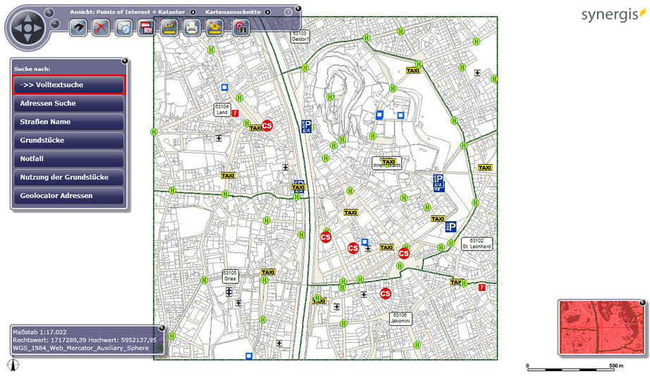 Volltextsuche im WebOffice flex Client - dargestellt links oberhalb der Abfragen