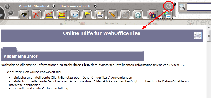 Hilfe-Werkzeug und geöffnete Hilfe-Seite im WebOffice flex Client