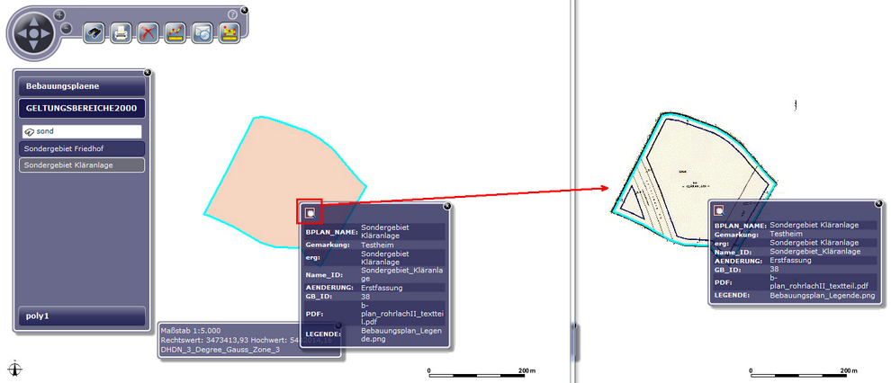 Rasterplan-Auswahl mit einer validierten räumlichen FC im WebOffice flex client - auf den Rasterplan verlinktes Polygon