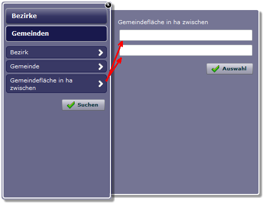 Festzulegender Suchbereich mit Texteingabefelder Festzulegender Suchbereich mit Texteingabefelder