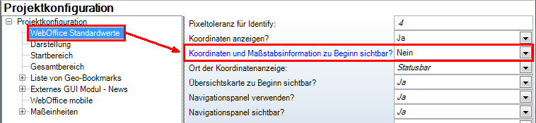 Koordinaten und Maßstabsbox beim Projektaufruf