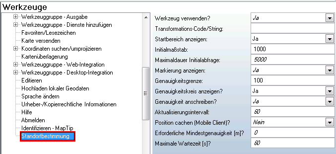 Konfiguration des Werkzeugs 'Standortbestimmung' - Kategorie Weboffice Konfiguration des Werkzeugs 'Standortbestimmung' - Kategorie Weboffice