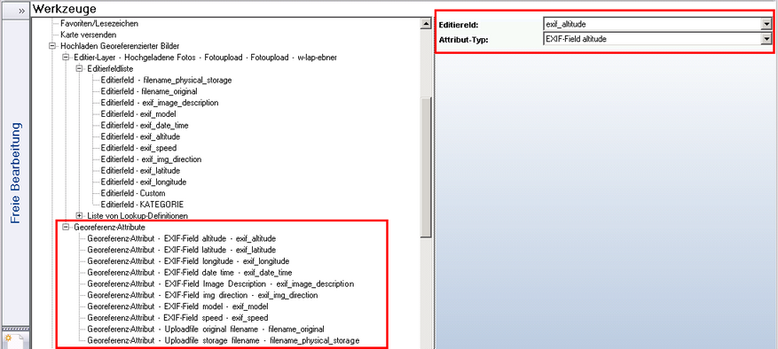 Konfigurierte Georeferenz-Attribute innerhalb des Werkzeugs Hochladen georeferenzierter Bilder Konfigurierte Georeferenz-Attribute innerhalb des Werkzeugs Hochladen georeferenzierter Bilder