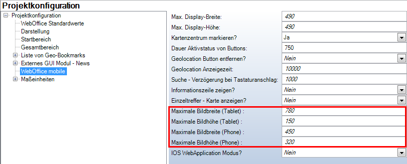 Konfiguration der maximalen Bildhöhen und -breiten unter WebOffice mobile