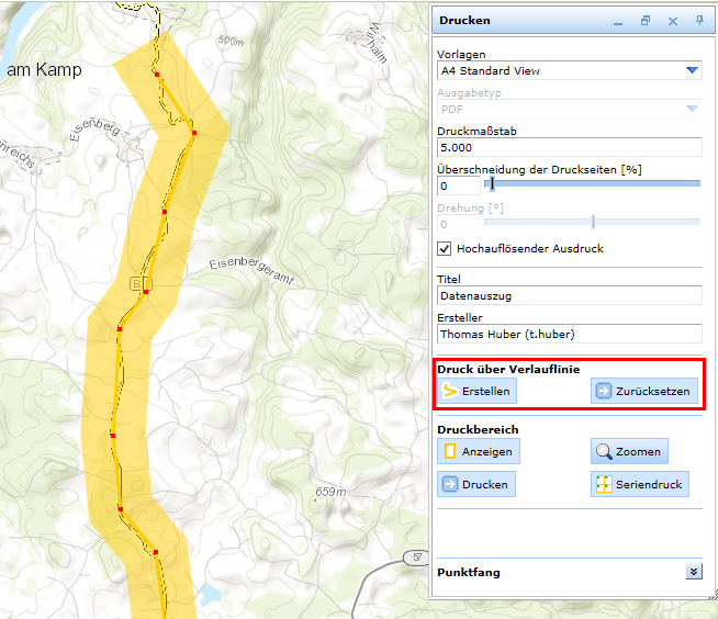 Festlegen des Druckbereichs bei Indexplot (Indexdruck) entlang einer Linie - WebOffice html Client