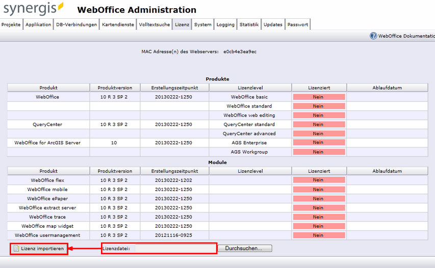 Einspielen der Lizenzdatei via SynAdmin Einspielen der Lizenzdatei via SynAdmin