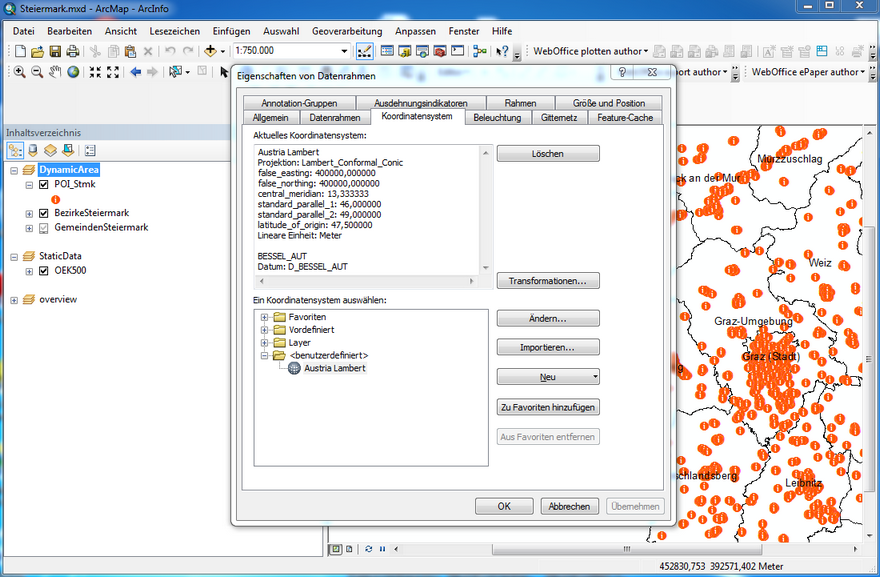Neue MXD-Datei basierend auf ein bestehendes Projekt mit Koordinatensystem MGI Austria Lambert