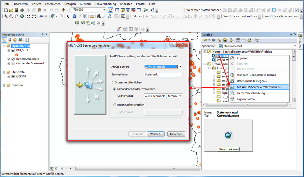 Das neue MXD-Dokument mit ArcGIS Server publizieren