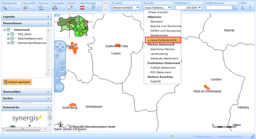 Die neu erstellte Kartenansicht bezogen auf den neuen ArcGIS Server Kartendienst ist im WebOffice html client verfügbar
