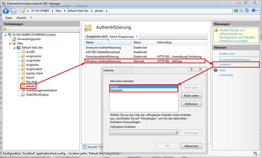 Ändern der Reihenfolge der Windows Authentifizierungsanbieter im IIS Manager Ändern der Reihenfolge der Windows Authentifizierungsanbieter im IIS Manager