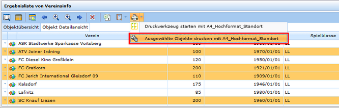 Druck von selektierten Objekten mit einer Druckvorlage über den 'Drucken'-Button aus dem Suchergebnis