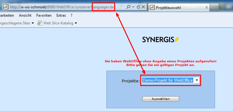 Aufruf einer WebOffice 10 R3-Anwendung ohne Angabe eines Projektes in deutscher Sprache Aufruf einer WebOffice 10 R3-Anwendung ohne Angabe eines Projektes in deutscher Sprache