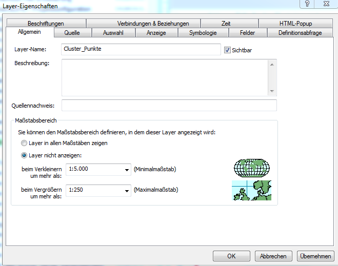 Maßstabsbereich im ArcMap Layer-Eigenschaften Dialog Maßstabsbereich im ArcMap Layer-Eigenschaften Dialog
