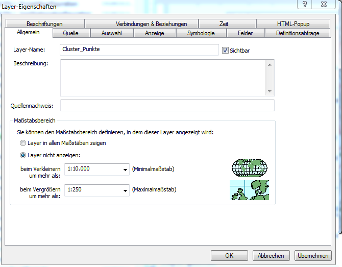Maßstabsbereich im ArcMap Layer-Eigenschaften Dialog Maßstabsbereich im ArcMap Layer-Eigenschaften Dialog