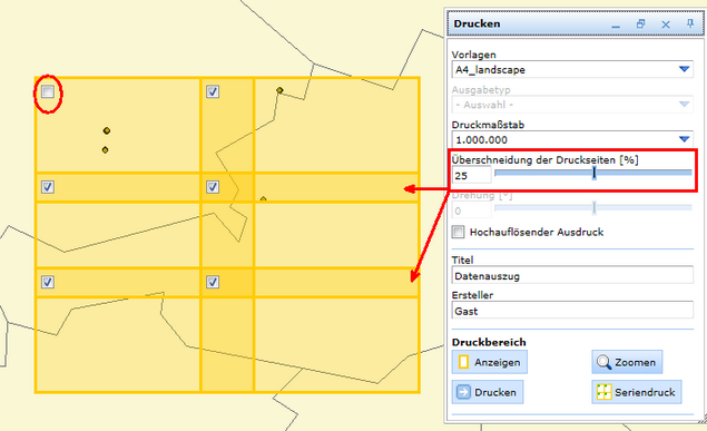 Selektion oder Deselektion einzelner Seiten beim Seriendruck und definieren der Druckseiten Überschneidung - WebOffice html Client