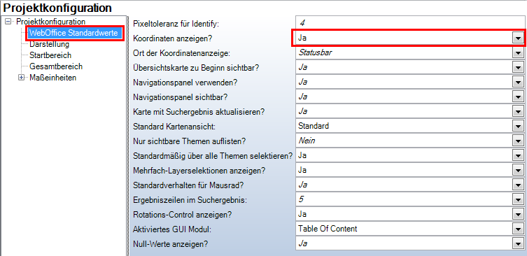 Konfiguration Koordinaten anzeigen