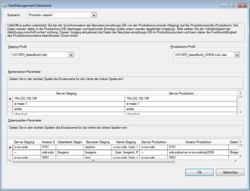 Eintragen der Kartendienst-, URL- und Datenbankverbindungen im UserManagement Datenbank Dialog&nbsp;