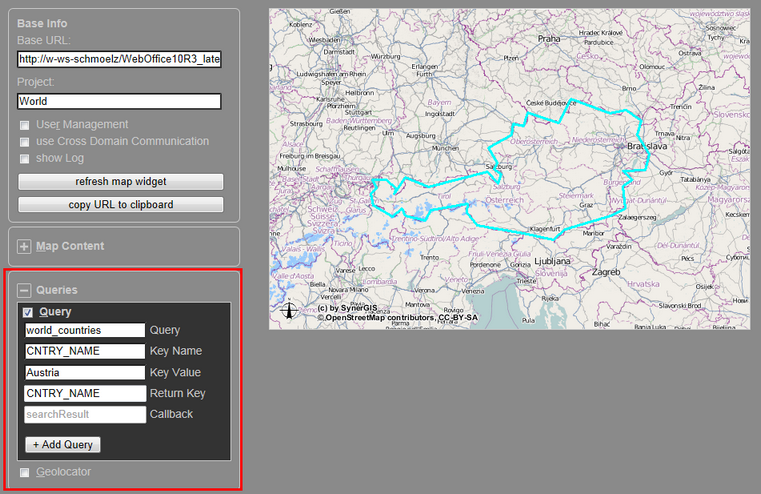 WebOffice map widget test container - Abfragen